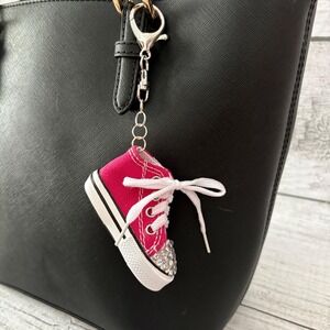 Hot Pink Sneaker and Silver Rhinestone Purse and Bag Charm Keychain Accessory